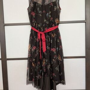 Kohl's Lauren Conrad Black Dress Size 2 Owl Squirrel Print Red Bow Work / Casual